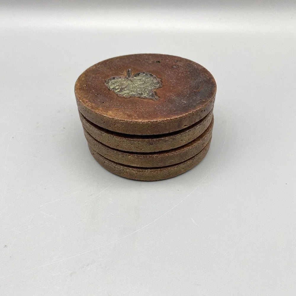 Set Of 4 Handmade‎ Clay Coasters  Pressed Leaves Neutral Tones